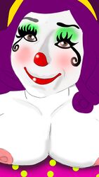 artist_request big_breasts breasts brown_eyes clown clown_girl clown_makeup clown_nose clown_paint hi_res high_resolution highres looking_at_viewer makeup nipples pixi_payasita purple_hair red_lipstick smile smiling