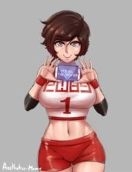1girls abs aestheticc-meme areolae big_breasts breasts brown_hair clothing female female_only grey_eyes gym_uniform hair huge_breasts large_breasts looking_at_viewer navel presenting presenting_breasts ruby_rose rwby shorts smile solo sportswear thigh_gap