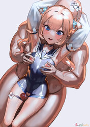 1boy absurdres armpits arms_up bald barbara_(genshin_impact) barbara_(summertime_sparkle)_(genshin_impact) bare_shoulders between_legs between_thighs blonde_hair blue_eyes blush bondage breast_grab breasts censored clothed_female_nude_male clothed_sex erection female genshin_impact grabbing grinding highres long_sleeves mosaic_censoring nipple_cutout nipples nude nun one-piece_swimsuit open_mouth penis pussy pussy_cutout reshate sex small_breasts standing standing_sex straight sweat swimsuit thigh_sex twintails