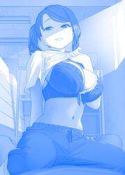 blue_and_white bra breasts clothing female looking_at_viewer nails navel original original_character school_uniform schoolgirl shirt_lift smile strangestone