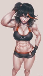 1girls 2d 2d_(artwork) 5_fingers abs absurd_res absurdres alluring armpits asymmetrical_bangs asymmetrical_hair athletic athletic_female bangs bare_arms bare_legs bare_shoulders big_breasts blurry_background breasts calves cleavage collarbone colored confident cute cute_face face_focus female female_abs female_only fit fit_female gloves hand_on_hip handwear hi_res high-angle_view highres human kill_la_kill large_breasts light-skinned_female light_skin looking_at_viewer matoi_ryuuko messy_hair midriff mma_gloves muscles muscular muscular_female navel pale-skinned_female pale_skin prinzkuon scratching_head shorts shoulder_length_hair sidelocks simple_background six_pack smile solo sports_bra sportswear standing streaked_hair thick_calves thick_lips thick_thighs tomboy toned_female two-tone_hair voluptuous workout_clothes