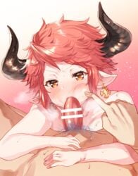 1boy 1boy1girl 1girls 2020 angry big_penis black_horns blush blush_lines censor_bar censored censored_penis cheek_bulge cheek_poke drang_(granblue_fantasy) draph_race_(granblue_fantasy) earrings embarrassed eno_yukimi erect_penis erection fellatio female female_focus finger_poking gradient_background granblue_fantasy heart-shaped_pupils horns male male/female male_pubic_hair penis pointing pointing_at_another pointy_ears poking pubic_hair red_hair simple_background steamy_breath straight sturm_(granblue_fantasy) sweat sweatdrop upper_body yellow_eyes