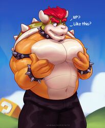 1boy adrawingpotato bara barazoku biceps black_legwear bowser clouds dad_bod dadbod dialogue digital_media_(artwork) dilf facial_hair hair hills holding_breast horns huge_breasts koopa lifting_moobs male_only mario_(series) mature mature_anthro mature_male moobs muscle_gut musclegut muscles muscular_arms overweight overweight_male pecs presenting_breasts question question_block red_eyes red_hair shiny_skin spiked_bracelet spikes super_mario_bros. text turtle turtle_shell