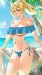 1girls bikini blue_bikini cameltoe frilled_bikini frills metroid nintendo samus_aran sendrawz underboob