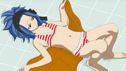 1girls barefoot bikini bikini_bottom bikini_top blue_hair brown_eyes clothed clothing fairy_tail feet female female_focus female_only flat_chest hairband headband levy_mcgarden medium_hair on_back pale-skinned_female pale_skin petite pinup pose posing shoulder_length_hair solo solo_female solo_focus striped_bikini striped_panties swimsuit teenager teitsutomu toes