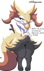 absurd_res anthro blush blush_lines braixen female genitals hi_res knees_together nintendo open_mouth pokémon_(species) pokemon pokemon_(species) presenting presenting_pussy pussy solo spanish_text text translated video_games xdragoncam