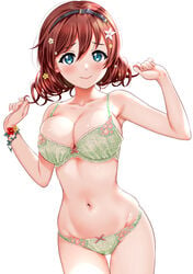 1girls armpits arms_up bangs big_breasts blue_eyes blush bow bow_bra bra breasts bursting_breasts cleavage clothing collarbone drill_hair emma_verde female female_only floral_print flower flower_bracelet freckles green_bra green_panties hair_between_eyes hair_flower hair_ornament hairband highres lace lace-trimmed_bra lace_trim large_breasts legs_together looking_at_viewer love_live! love_live!_nijigasaki_high_school_idol_club love_live!_school_idol_festival matching_underwear navel panties pink_bow red_hair sankuro_(agoitei) simple_background skindentation smile solo solo_female twin_drills underwear white_background