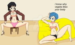 big_breasts black_hair blue_eyes blue_hair breasts bulma_briefs capsule_corp_receptionist dragon_ball dragon_ball_super feet female female_only high_heels jacket looking_at_viewer panties presenting presenting_pussy presenting_vagina spread_legs