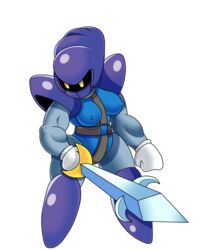 2018 armor blue_body breasts clothed clothed_female featureless_crotch female female_focus female_only helmet kirby_(series) kirby_star_allies kirby_super_star_ultra muscles muscular_arms nintendo nipples pauldrons rule_63 simple_background standing sword sword_knight white_background yellow_eyes yoshimister