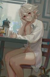 1boy arm_support bare_legs corrin_(fire_emblem) corrin_(fire_emblem)_(male) cup femboy fire_emblem fire_emblem_fates head_rest head_tilt indoors looking_at_viewer male_only naked_shirt nintendo nipples penis rain red_eyes samsara samsara_(shuukeura) shirt short_hair sitting smile solo solo_male window