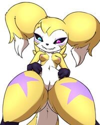 4:5 anthro areola bandai_namco biped black_sclera bottom_heavy breasts claws digimon digimon_(species) fan_character fangs female fur furball_(artist) furry furry_only genitals hi_res hourglass_figure impmon looking_at_viewer looking_down looking_down_at_viewer low-angle_view multicolored_body multicolored_fur navel nipples nude purple_body purple_fur pussy renamon renimpmon shortstack simple_background small_breasts smile solo tail thick_thighs thunder_thighs white_background white_body white_fur wide_hips yellow_body yellow_fur