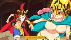 1boy 1girls bikini bikini_armor bikini_bottom breasts caption clothed_male_nude_female clothing disguise duo excited exposed exposed_breasts female magenta_ivy male medium_breasts monkey_d_luffy one_piece partially_clothed puffy_areola puffy_nipples rebecca_(one_piece) screenshot screenshot_edit