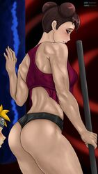 1boy 1girls ass bare_legs bare_shoulders blonde_hair blush bo_staff boyscout double_bun female fit fit_female holding_object holding_weapon long_hair looking_at_ass looking_at_partner looking_back male muscular muscular_female naruto naruto_(series) naruto_shippuden panties short_hair sideboob smile sports_bra staff tenten tied_hair uzumaki_naruto weapon