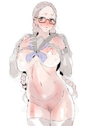 areolae big_breasts bottomless braid braided_hair braided_twintails breasts busty female female_focus glasses hourglass_figure large_breasts meisamu nipples pubic_hair pussy school_uniform schoolgirl tagme twin_braids wide_hips