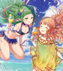 2girls alternate_costume bare_legs bare_shoulders beach bikini blue_sky braid breasts closed_eyes cloud cup day dress drink falling female female_only fire_emblem fire_emblem:_radiant_dawn fire_emblem:_three_houses fire_emblem_heroes floating_hair frills green_eyes green_hair hair hair_ribbon haru_(nakajou-28) holding holding_cup long_hair multiple_girls nintendo ocean one-piece_swimsuit open_mouth orange_hair outdoors pointy_ears ribbon ribbon_braid see-through sky small_breasts smile sothis_(fire_emblem) summer swimsuit twin_braids very_long_hair wrist_ribbon yellow_dress yune_(fire_emblem)