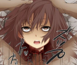 anime_style big_eyes blood brown_eyes brown_hair brown_skin close-up dark_skin dead_eyes death decapitation erect_penis female female_death female_focus gore guro holding_head human japanese_text looking_at_viewer male male_pov motion_lines neck_fucking necrophilia nude onomatopoeia open_eyes open_mouth pale_skin pointy_chin pov reverse_blowjob severed_head straight text translation_request