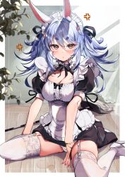 1girls anger_vein apron blue_hair bowtie bracelet breasts brown_eyes choker garter_straps haruhina_purple high_heels hololive hololive_fantasy hololive_japan looking_at_viewer maid maid_apron maid_headdress maid_uniform medium_breasts painted_fingernails panties plant rabbit_ears rabbit_girl thighhighs twintails usada_pekora virtual_youtuber wariza white_panties wooden_floor