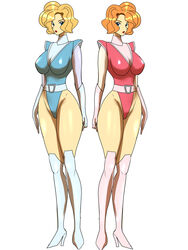 2020 2girls bikini blonde_hair blue_eyes boots breasts chaachan curvaceous duo female gloves highleg human large_breasts light-skinned_female light_skin lori_(mazinger) loru_(mazinger) mazinger mazinkaiser pilot_suit sisters skimpy skimpy_clothes thick_thighs twins wide_hips