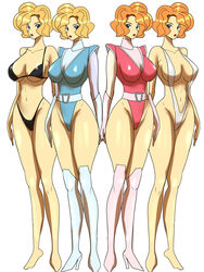 2020 2girls bikini blonde_hair blue_eyes breasts chaachan curvaceous duo female highleg human large_breasts light-skinned_female light_skin lori_(mazinger) loru_(mazinger) mazinger mazinkaiser pilot_suit short_hair sisters skimpy skimpy_clothes sling_bikini thick_thighs twins wide_hips