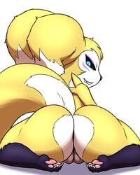 4:5 anthro ass bandai_namco big_butt digimon digimon_(species) fan_character female fur furball_(artist) furry furry_only genitals hi_res hybrid impmon pussy renamon renimpmon solo tail yellow_body yellow_fur