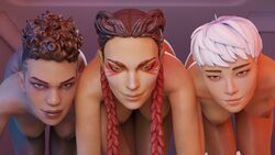 3d 3girls african african_female apex_legends areolae asian asian_female bangalore breasts brown-skinned_female dark-skinned_female francis_brown hanging_breasts latina light-skinned_female loba_(apex_legends) looking_at_viewer multiple_females multiple_girls nipples smile tagme valkyrie_(apex_legends)