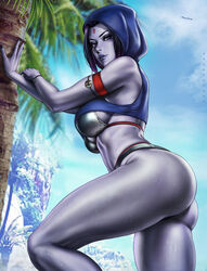 1girls ass breasts crop_top cropped_hoodie cropped_jacket dandon_fuga dc dc_comics female female_only halter_bikini looking_at_viewer looking_back pinup rachel_roth raven_(dc) smooth_skin solo teen_titans thick_thighs