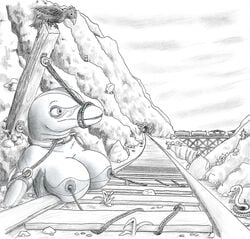 1girls anthro bird bound breast_torture breasts cetacean collar female imminent_guro kkatman monochrome outdoors rope snake solo train train_tracks tunnel