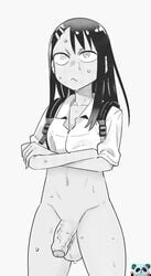 1futa 1puuuuuu 774_(nanashi) balls big_balls black_hair clothed clothing edit flaccid futa_focus futa_only futanari half-dressed hayase_nagatoro janekcist long_hair monochrome penis please_don't_bully_me,_nagatoro revealing_clothes solo sweat white_background