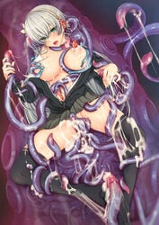 alternate_costume anal anastasia_(fate) bar_censor black_legwear black_shirt blue_eyes breasts censored cum cum_in_pussy cum_inside cum_on_breasts cum_on_upper_body double_penetration fate/grand_order fate_(series) female highres kneehighs kumakou long_hair miniskirt nipples open_clothes open_shirt plaid plaid_skirt rape restrained school_uniform sex shirt short_sleeves silver_hair skirt small_breasts socks solo tentacle tentacle_rape tentacle_sex thighhighs vaginal_penetration white_hair