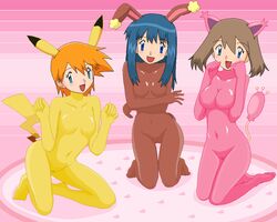 3girls animal_ears bodysuit brown_bodysuit buneary_(cosplay) cameltoe carpet dawn_(pokemon) female female_only human human_only kasumi_(pokemon) latex_suit may_(pokemon) multiple_girls nintendo on_knees pikachu_(cosplay) pink_bodysuit png pokemon pokemon_(cosplay) skitty_(cosplay) tail yellow_bodysuit