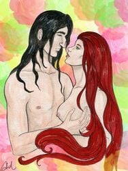 1boy 1girls big_nose black_hair breasts closed_eyes colorful_background duo green_eyes harry_potter light-skinned_female light-skinned_male light_skin lily_evans long_hair looking_at_another looking_up nipples nose nude red_hair redhead severus_snape shirtless straight topless watercolor_(artwork)