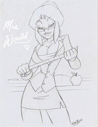 2009 aeolus06 breasts cleavage cool_world female female_only full_cleavage glasses holli_would large_breasts miniskirt monochrome pencil_(artwork) pencil_skirt solo tagme teacher thighhighs tight_clothing white_shirt