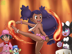 anklet ash_ketchum ass barefoot blood breasts dancer dancing dark_skin feet fire_spinning gothitelle iris_(pokemon) jewelry nosebleed oshawott pepipopo pokemon pokemon_(species) satoshi_(pokemon) toes