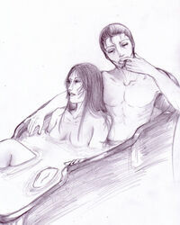 bathing bellatrix_lestrange harry_potter medium_breasts monochrome rodolphus_lestrange tagme