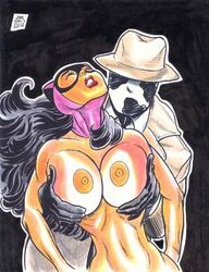 batman_(series) big_breasts black_hair breast_grab breasts catwoman closed_eyes crossover dc_comics female hard_nipples huge_breasts large_breasts lipstick long_hair male mask nipples rob_durham rorschach teeth topless watchmen