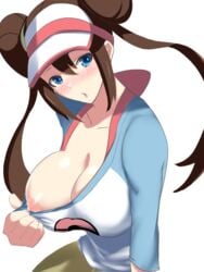 1girls akire_(akireru_shoujo) alternate_breast_size blue_eyes blush clothed female female_only flashing huge_breasts human pokemon pokemon_bw2 rosa_(pokemon) solo