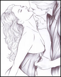 closed_eyes ericahpfa harry_potter kissing lucius_malfoy medium_breasts monochrome narcissa_malfoy tagme