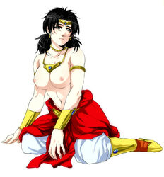 1girls armlet beige_skin black_hair boots bracelet breasts broly broly_(dragon_ball_z)_1993 closed_mouth clothes color dragon_ball dragon_ball_z ear_piercing female female_broly female_only footwear frown hair kneeling long_hair nipples open_eyes piercing rule_63 saiyan solo straight_hair tiara topless white_background