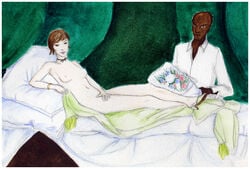 1boy 1girls bald bald_man bed bedroom blaise_zabini bracelet breasts brown_hair choker curtains dark-skinned_male dark_skin duo female fine_art_parody green_background harry_potter light-skinned_female light_skin long_sleeves looking_at_viewer lying male meme olympia_(manet) on_back on_bed pale-skinned_female pale_skin pansy_parkinson pillow sheets shirt short_hair short_hair_female sleeves slytherin small_breasts straight white_shirt witch_(harry_potter)