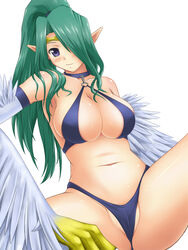 blush claws green_hair harpie_queen long_hair pointy_ears ponytail talons tied_hair wings yu-gi-oh!