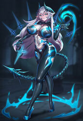 bangs blue_eyes bodysuit covered_nipples demon_girl demon_horns demon_tail elsword high_heels horns large_breasts latex long_hair luciela_r._sourcream niur silver_hair skin_tight solo standing tail