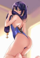 absurdres ass bare_shoulders blush bow breasts earrings female genshin_impact green_eyes hair_ornament hairbow highres jewelry kneeling leotard long_hair looking_at_viewer mona_(genshin_impact) purple_hair ryudraw shiny shiny_hair sideboob solo twintails very_long_hair