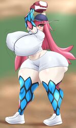 1girls ass baseball baseball_cap baseball_glove baseball_uniform breasts female female_focus female_only gijinka hips human hyper hyper_ass hyper_breasts large_ass large_breasts long_hair luditima midriff milotic pink_hair pokemon pokemon_(species) red_eyes shoes short_shorts sneakers thick_thighs thighs wide_hips