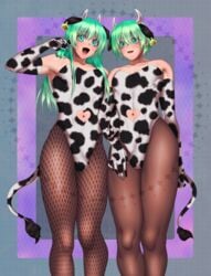 2021 2boys balls balls_in_leotard bare_shoulders bulge closed_mouth cow_ears cow_horns cow_print cow_print_armwear cow_print_leotard cow_tail crossdressing eyebrows eyelashes femboy fishnet_legwear fishnet_pantyhose girly green_hair legwear long_hair looking_at_viewer low-angle_view male male_focus male_only mouth_closed navel_cutout open_mouth original original_character pantyhose rikuwww short_hair simple_background trap