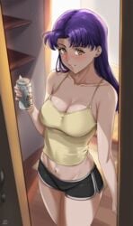 1girls alcohol bare_legs beer beer_can black_shorts blush breasts can cleavage clothing commentary_request curvy door earrings female female_focus highres holding holding_can human indoors jewelry large_breasts light-skinned_female light_skin long_hair looking_at_viewer medium_breasts midriff misato_katsuragi navel neon_genesis_evangelion orange_eyes purple_eyes purple_hair ryudraw shiny shiny_hair shiny_skin short_shorts shorts solo standing tank_top thick_thighs thighs yellow_tank_top