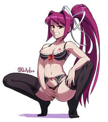 1girls areolae black_lingerie bra breasts dirtyero_(artist) exposed_breasts female_masturbation fingering fingering_self garter_belt hair_ribbon leggings lingerie long_hair looking_at_viewer masturbation nipples panties_aside pink_hair ponytail pussy red_eyes shelf_bra signature smile solo solo_female solo_focus squatting stockings tagme thong thong_aside tiptoes under_night_in-birth vaginal_penetration very_long_hair wet_pussy white_background yuzuriha_(under_night_in-birth)