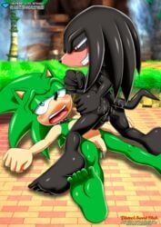 barefoot bbmbbf black_fur blue_eyes blush bondage cum_drip cum_on_ass diamond_level exhausted gay_domination green_fur leash_pull mobius_unleashed palcomix pietros_secret_club red_eyes scourge_the_hedgehog smirk sonic_(series) sonic_the_hedgehog_(series) spectre_the_echidna yaoi