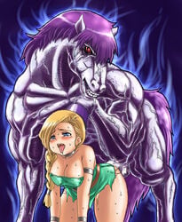 1girls 1monster ambiguous_penetration bianca_whitaker blonde_hair blush braid cleavage clothed_sex clothing dragon_quest dragon_quest_v dress female from_behind horse horsecock interspecies jyami kon_the_knight large_breasts larger_male male monster muhyowo muscular_male partially_clothed penetration size_difference smile straight veins