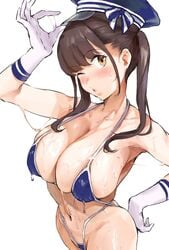 1girls 2t_(tanakatakuto) :o armpits bangs bare_shoulders bikini blue_bikini blue_bikini_bottom blue_bikini_top blue_bow blue_hat blunt_bangs blush bow breasts brown_eyes brown_hair cleavage collarbone commentary_request eyebrows_visible_through_hair female from_above gloves halterneck hand_on_hip hat highres large_breasts long_hair lube micro_bikini navel oiled one_eye_closed open_mouth original pursed_lips sailor_hat sidelocks simple_background solo standing sweat swimsuit twintails wet white_background white_gloves