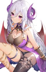 akizone bangs bare_shoulders big_breasts breasts catherine_(shuumatsu_no_akasha) cleavage demon_girl demon_horns demon_wings fantasy gloves heart highres horns large_breasts long_hair looking_at_viewer purple_eyes shuumatsu_no_akasha silver_hair sitting smile solo thighs white_hair wings